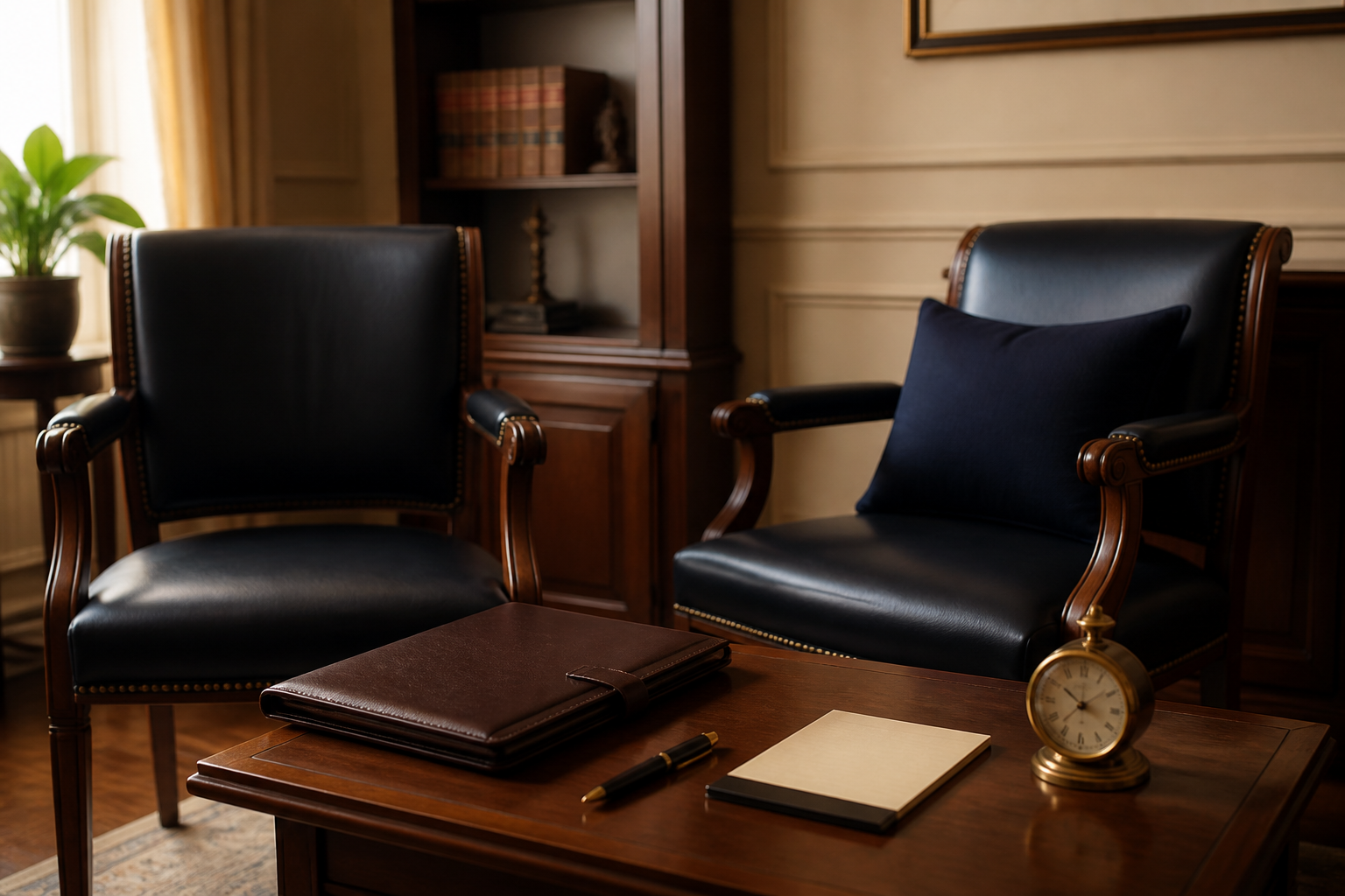 Two chairs and a low table set for a consultation